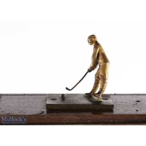 477 - Wood and Glass Display cabinet with Metallic Golfing Figure with golf club and ball figure affixed t... 