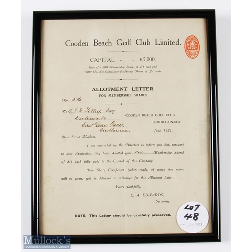 48 - 1921 C J H Tolley (Amateur Golf Champion) - Cooden Beach Golf Club Allotment Letter for Members Shar... 