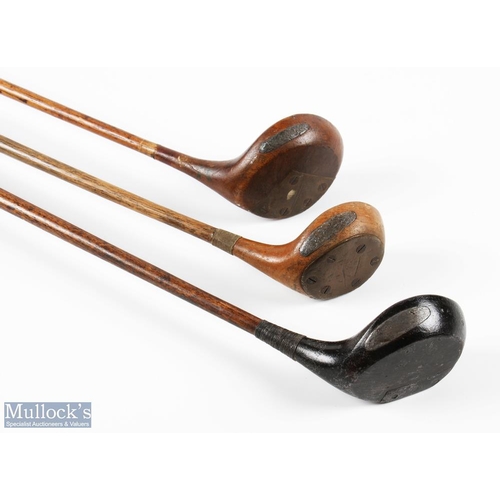 487 - 3x J H Taylor autographed woods a large stripe topped spoon, a large dark stained driver and a small... 