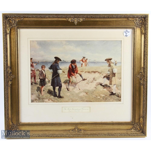 594 - 2x large Gilt Gold Frames Golf prints, titled The Golfers a Grand Match Played at St Andrews Links, ... 