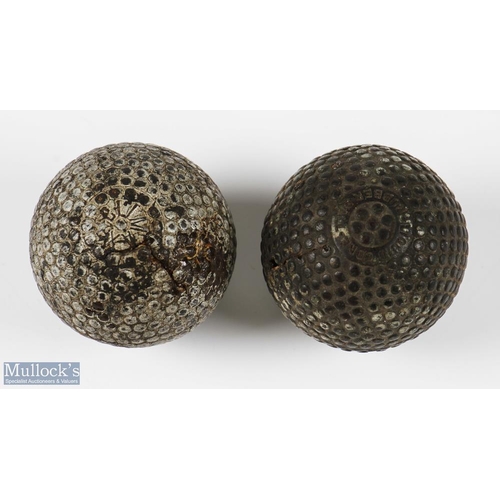 630 - 2x Interesting early golf balls bramble pattern rubber core golf balls The Mingay - with a flat spot... 