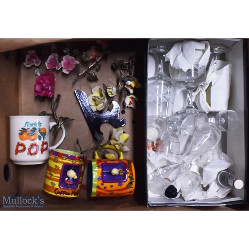 138 - 2x Boxed of assorted china and glass, with noted items of Shelly chintz plate, Wedgwood dish, trinke... 