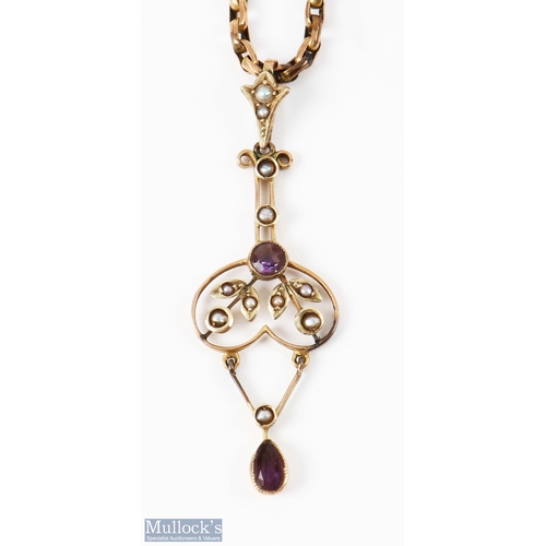 146D - Edwardian 9ct Gold Amethyst and Seed Pearl Pendant Necklace set with two amethyst stones, marked to ... 