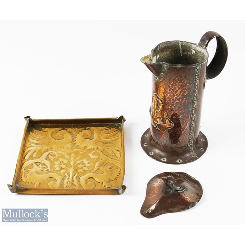 147 - Arts & Crafts Hammered Copper Jug Tray - A William Soutter & Son lidded jug and an unnamed copper tr... 