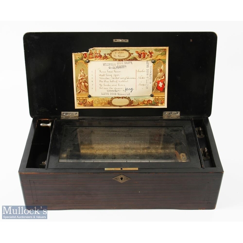 172 - Antique Music Box with 6 airs cylinder, label to inside lid, movement in need of attention, hosed in... 