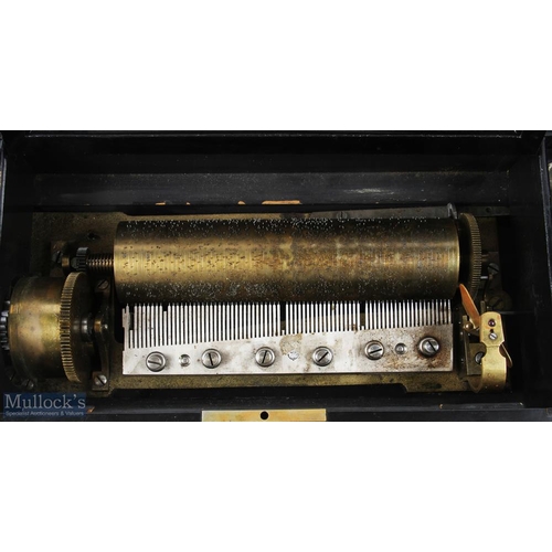 172 - Antique Music Box with 6 airs cylinder, label to inside lid, movement in need of attention, hosed in... 