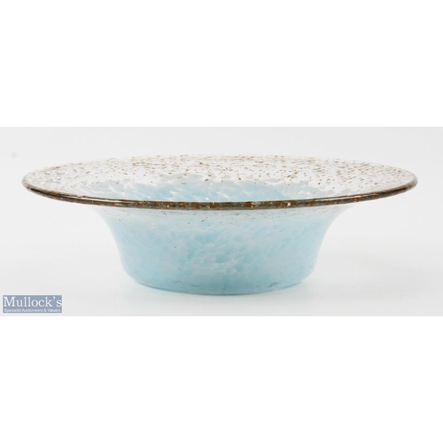 183 - Monart Studio Glass light Blue and Copper Aventurine Bowl with Label in shape UB, 10.5