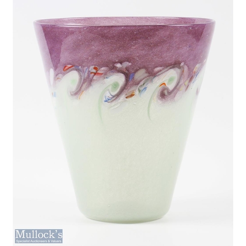 184a - Large Vasart Glass Tapered Vase in pale green and mauve colours with multicoloured swirl design, hei... 