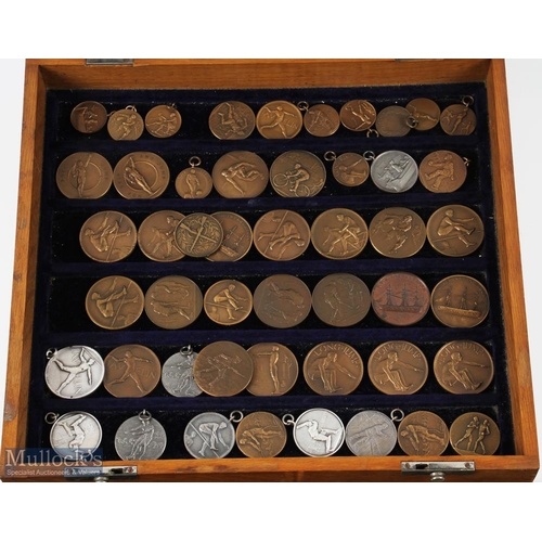 326 - Wooden Trophy Engravers Shop Display Full of Shorting Fob Medals, Medallions, most are unengraved ex... 