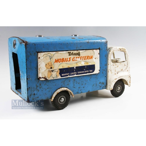 42 - Tinplate Triang Toys Mobile Cafeteria Van in blue & white, with original decals some signs of wear, ... 