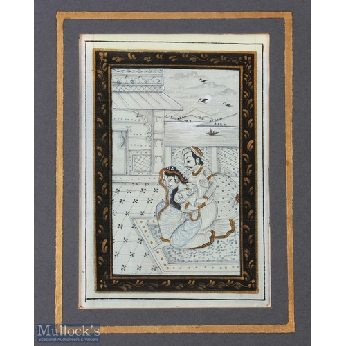 560 - 2x Indian Mughal Paintings on fabric - depicting intimate and erotic scene within courtyard with rur... 