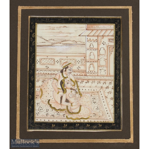 560 - 2x Indian Mughal Paintings on fabric - depicting intimate and erotic scene within courtyard with rur... 