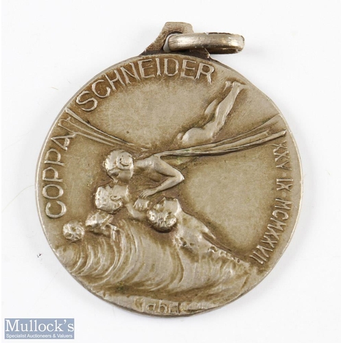 648 - Schneider Trophy Cup Air Races, 1927 White Metal Medallion - Obverse; Racing Seaplane, and winged Li... 