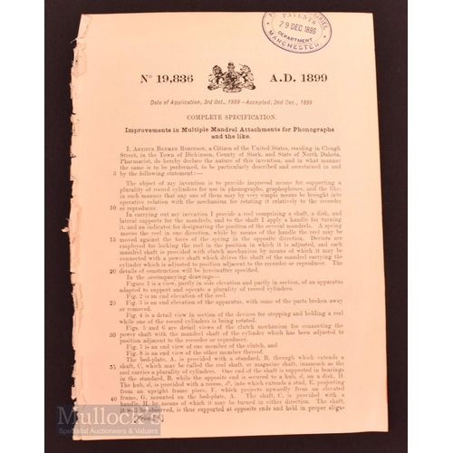 656 - Phonograph (Early Gramophone) Patent Document, 1899 - Patent for invention for playing up to 4-cylin... 