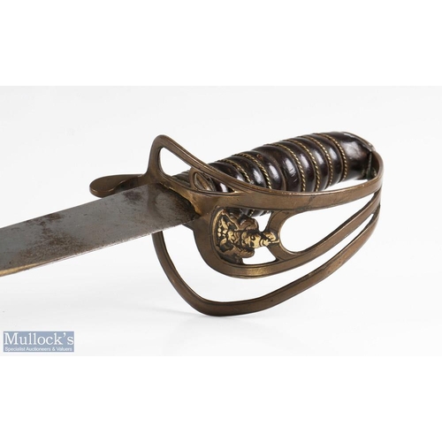 723 - Early 20th century Indian Patiala Cavalry Sword with fitted brass guard with crest to front and wire... 