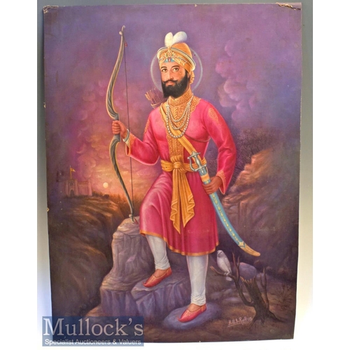 734 - HUS Ratton 'Guru Gobind Singh Ji' Oil on Canvas slight damaged to top corners, measures 68 x 95cm ap... 