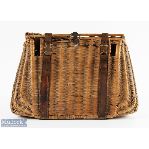 113 - Early Farlow leather and fine weave Reed Creel c1880s with central slot to lid with brass clasp, sta... 