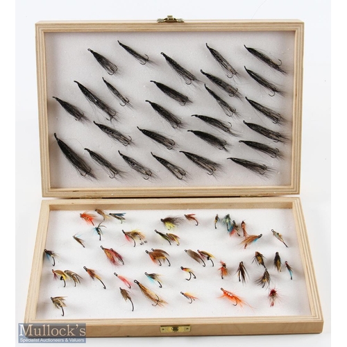 301 - Large double Fly Box with brass catches, containing a large selection of salmon flies, singles, treb... 