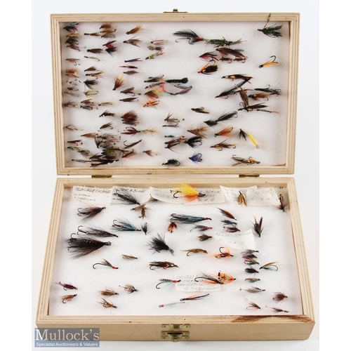 302 - Large double Fly Box with brass catches, containing Sewin (sea trout), singles, doubles, trebles and... 