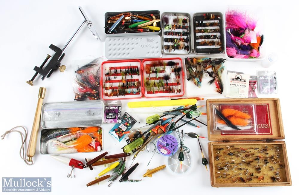 Fly Fishing Tackle and Accessories: to include a fly tying vice, a wooden  box of trout Flies, tube f