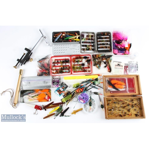 Fly Fishing Tackle and Accessories: to include a fly tying vice, a wooden  box of trout Flies, tube f