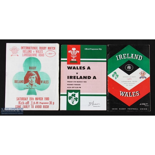 107 - Wales & Ireland Rugby Programmes (3): Ireland v Wales 1966 and increasingly popular 'pirate', 1980; ... 