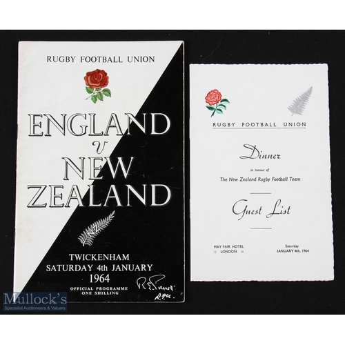 113 - 1964 England v NZ Programme & Dinner List (2): The Twickenham issue for the game and the scarce embo... 