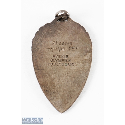 114 - 1924-5 French Rugby Medal: Elongated heart shaped 45mm x 25mm overall silver medal with chain loop, ... 