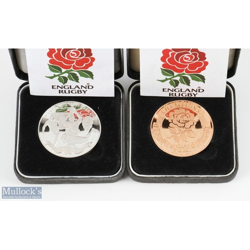 13 - 2003 England RWC Rugby Winners Commemorative Medals, one Mounted (3): One 2003 official England Rugb... 