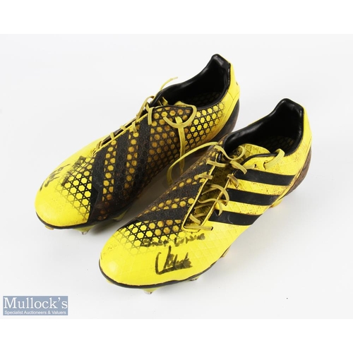 204 - 2015 RWC James Hook's Signed Matchworn Boots: Muddy yellow Adidas Size 11 pair, each autographed by ... 