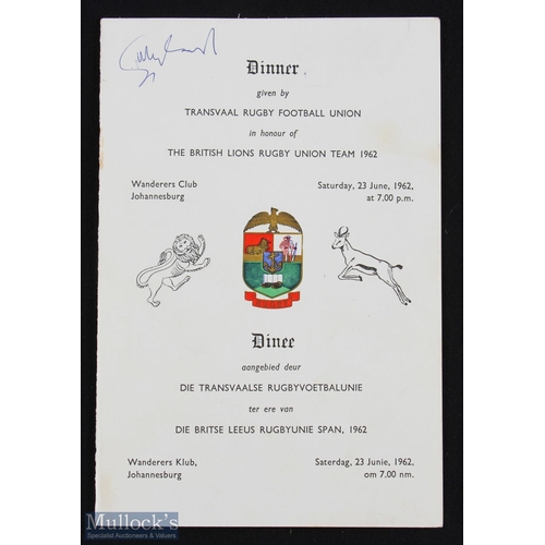 343 - 1962 British Lions v South Africa 1st Test Menu: 23rd June, first test: dinner menu signed by Jones,... 