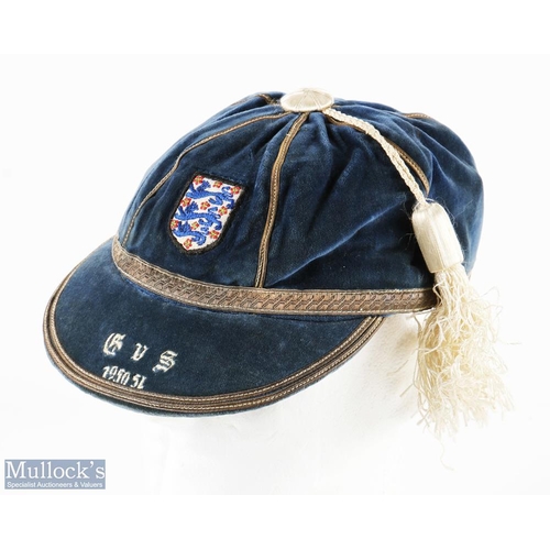 499 - 1950-51 Bert Williams England International Football Cap, dark blue with grey edging, with 3 cord br... 