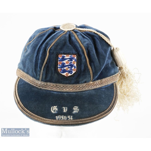 499 - 1950-51 Bert Williams England International Football Cap, dark blue with grey edging, with 3 cord br... 