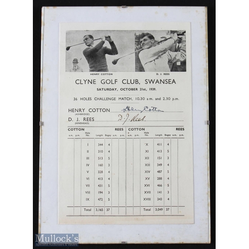 157 - 1939 Henry Cotton v D. (Dai) J Rees 36 Hole Challenge Match signed specially printed score card - pl... 