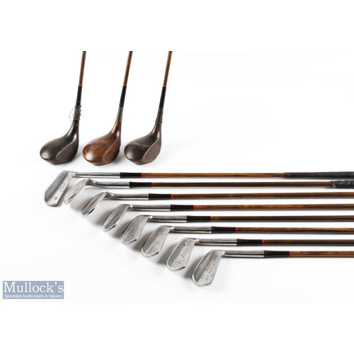 493 - Full set of coated steel Robert Forgan St Andrews Sir Galahad matching woods and irons to incl brass... 