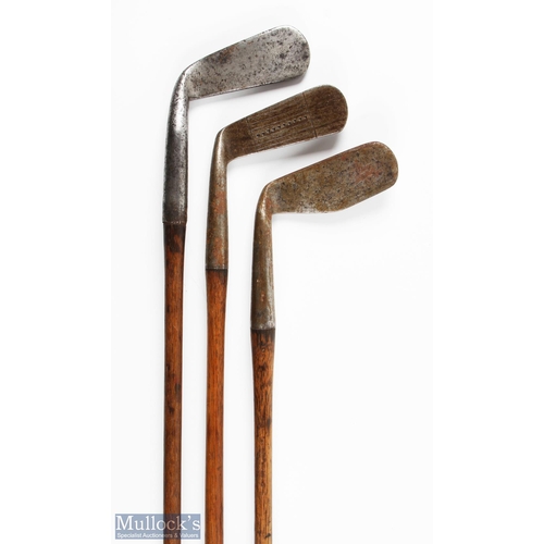 497 - 3x Interestingly shaped putters including a J Gourlay Triumph putter with raised crown line, Archie ... 