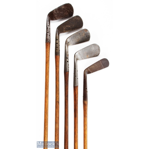 511 - 5x Maxwell flanged sole model irons incl Finnigans superior cleek, Halleys cross sword driving iron,... 