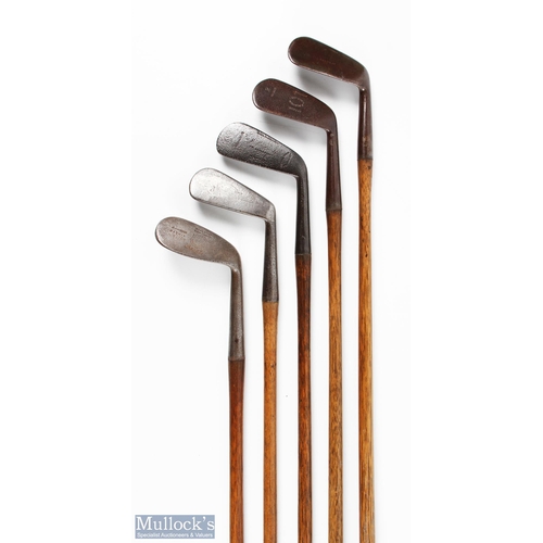 513 - 5x Assorted Irons to incl 2x Tom Stewart irons - a no 2 mashie and a mashie, Harrods of London mid i... 