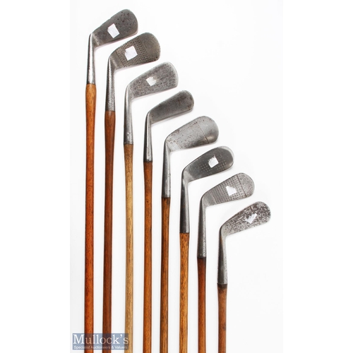 516 - 8x Assorted Irons to incl R Forgan St Andrews gold medal matched set No4 iron, The FG Tait cleek by ... 