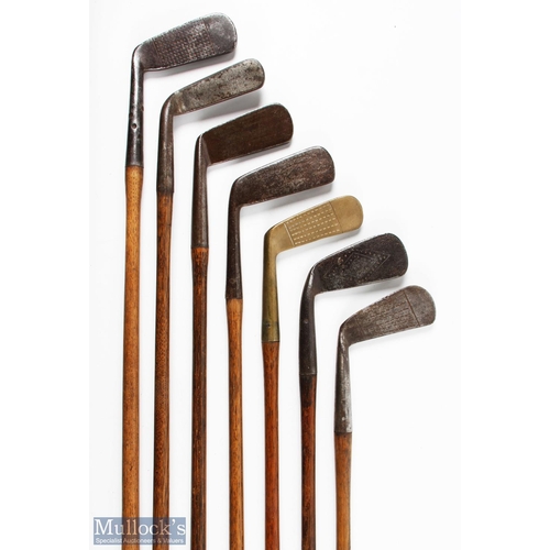 526 - 7x Assorted Putters to incl The Glasgow Golf Co straight brass blade with decorative Thistle brand c... 