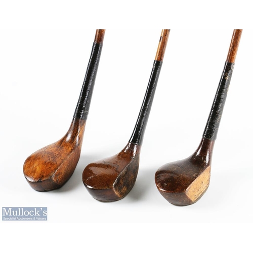 546 - 3x Late scare neck woods incl Auchterlonie dark stained brassie, similar one stamped Dickson and a C... 