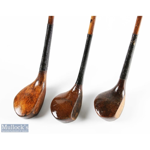 546 - 3x Late scare neck woods incl Auchterlonie dark stained brassie, similar one stamped Dickson and a C... 