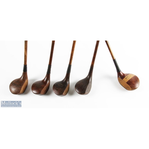 552 - 5x Assorted socket neck woods to incl St Andrews Golf Co small dark stained brassie with full brass ... 