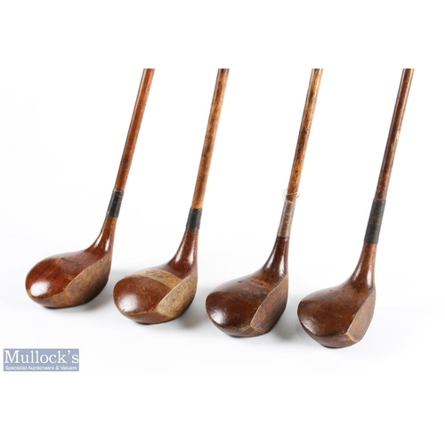 556 - 4x Assorted socket neck woods incl JH Taylor Cynosure stripe top driver with central brass sole plat... 