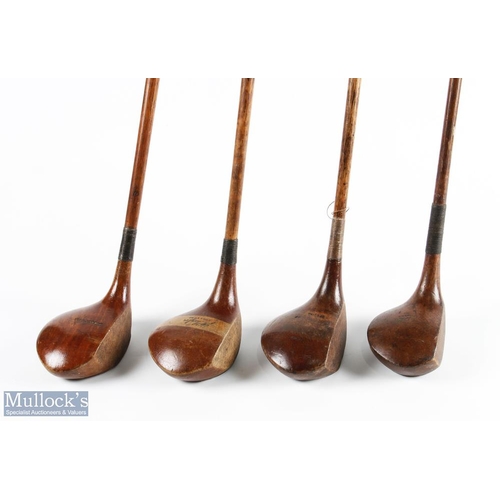 556 - 4x Assorted socket neck woods incl JH Taylor Cynosure stripe top driver with central brass sole plat... 