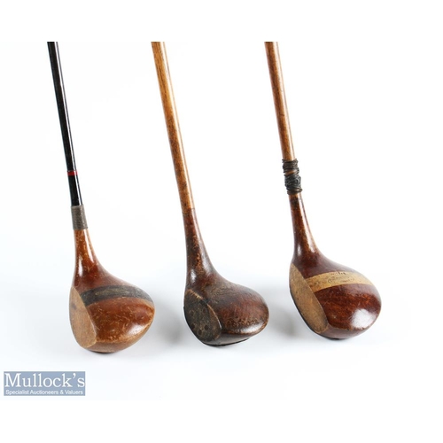 559 - 3x Left Handed Woods to incl W Cunningham of Edinburgh large stripe top driver, t/w a bulldog baffie... 