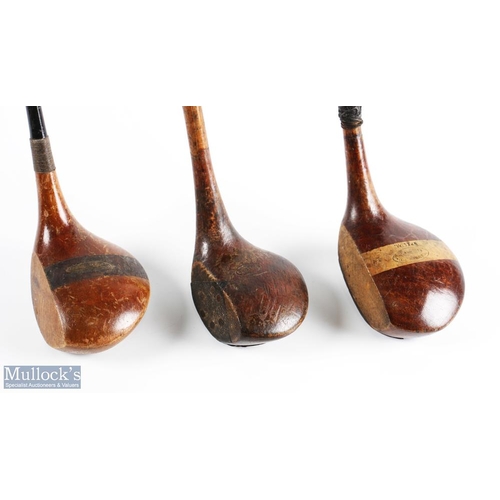 559 - 3x Left Handed Woods to incl W Cunningham of Edinburgh large stripe top driver, t/w a bulldog baffie... 