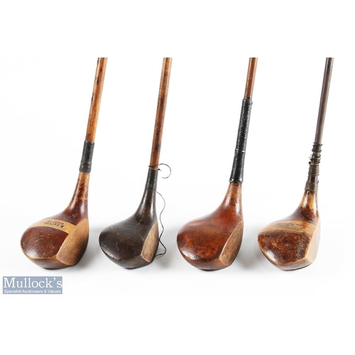 565 - 4x Assorted socket neck woods to incl Ben Sayers stripe top groove sole spoon, with shaft stamp (gra... 