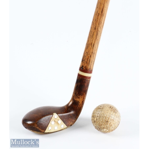 574 - Brown stained curved soled wood head style Golf Sunday Walking Stick with ramshorn sole insert, whit... 