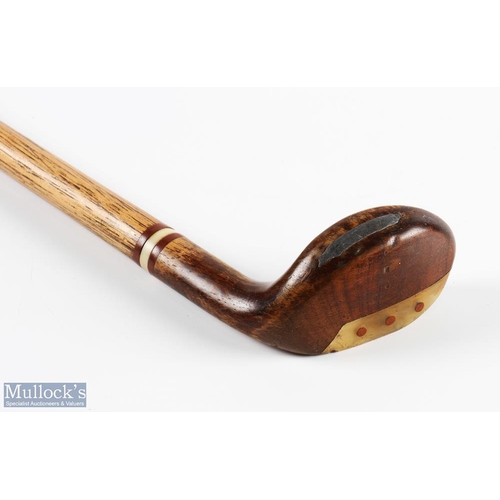 574 - Brown stained curved soled wood head style Golf Sunday Walking Stick with ramshorn sole insert, whit... 